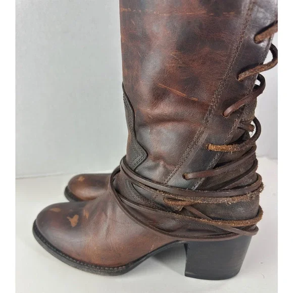 *Flawed Freebird Coal Boots Distressed Leather Tall Lace Up Western Festival 8 - Picture 7 of 16